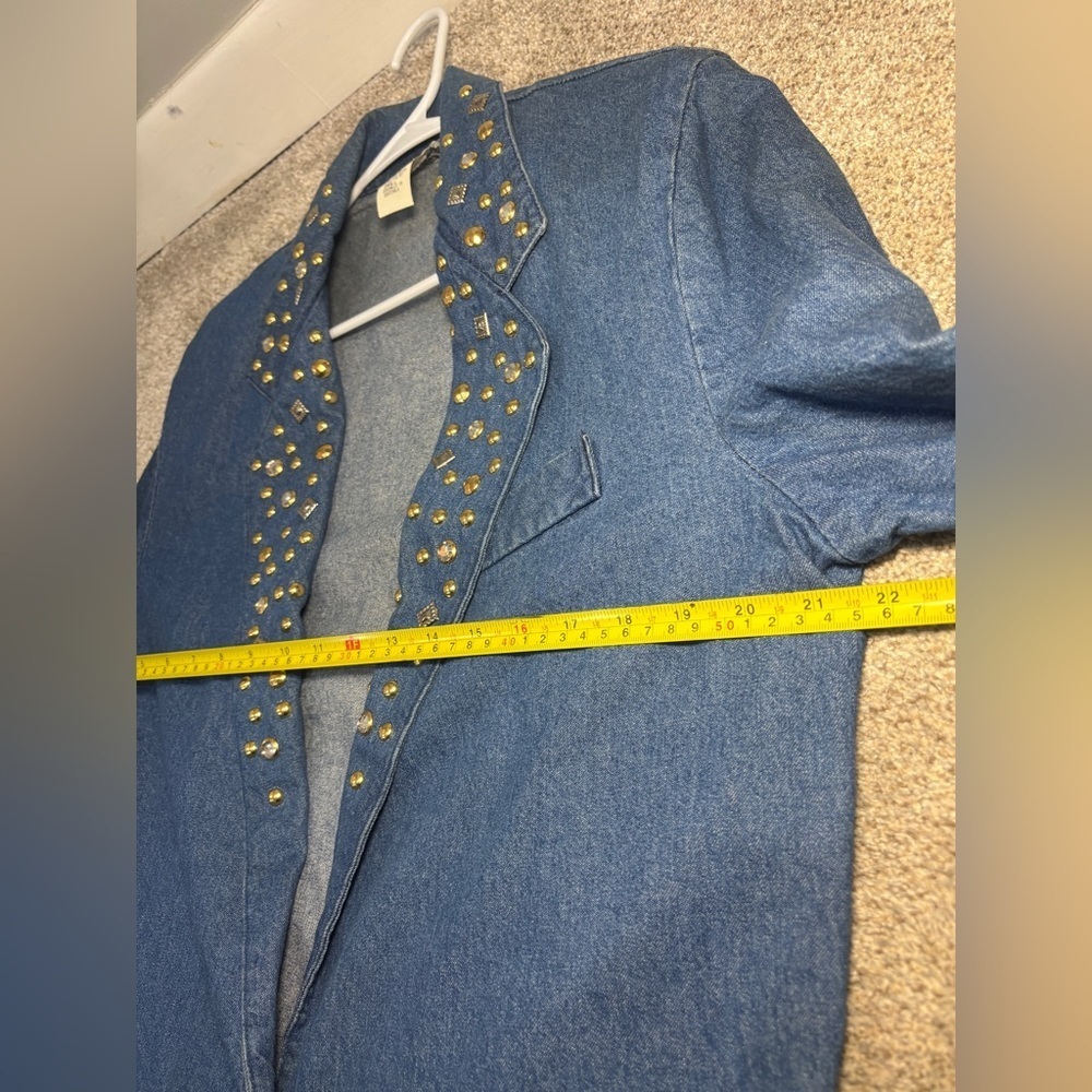 Vintage IDEAS Denim Jacket Blazer Unlined Gold Rhinestone Studded Size Small - Picture 4 of 11